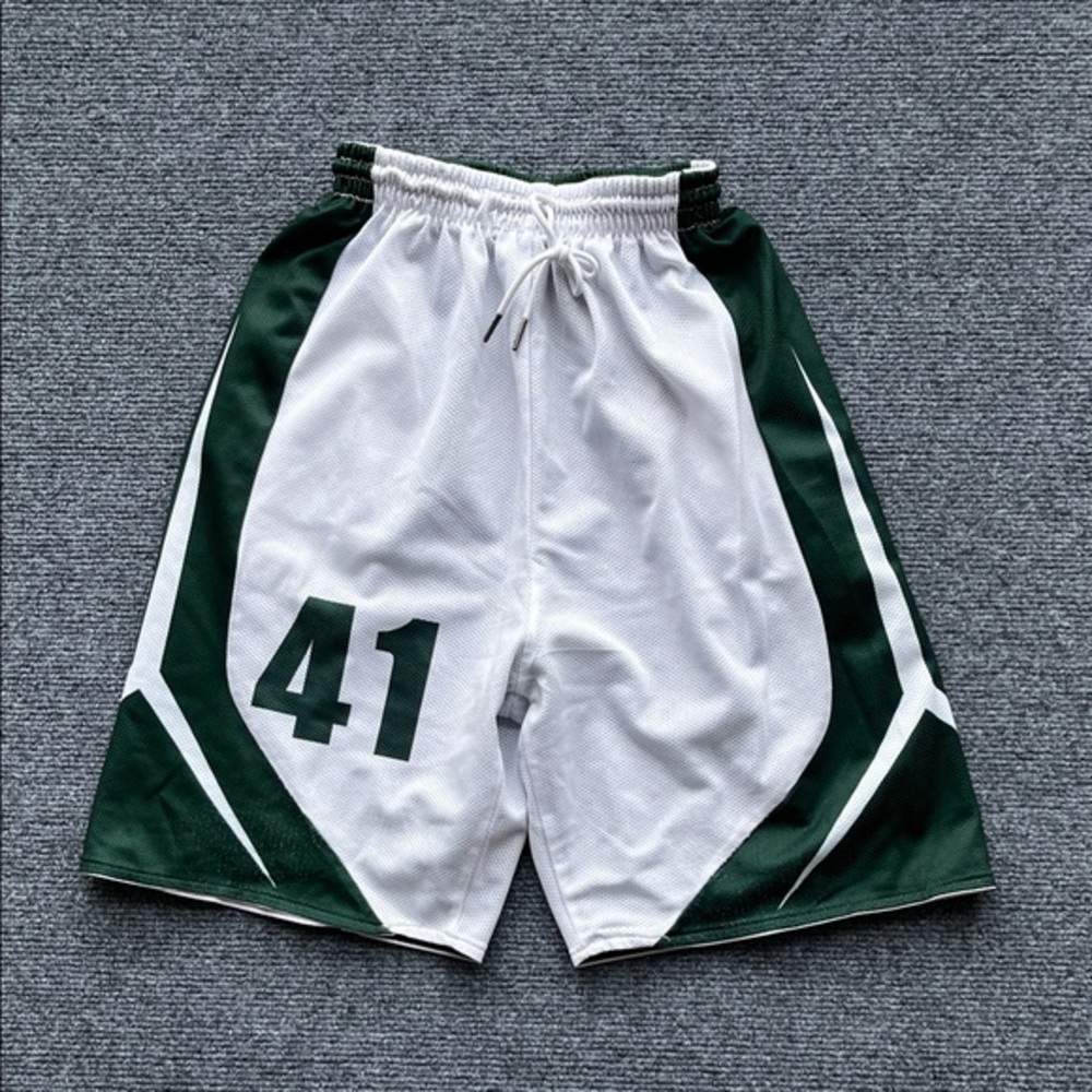 White & Dark Green Athletic Basketball Shorts with Number 41